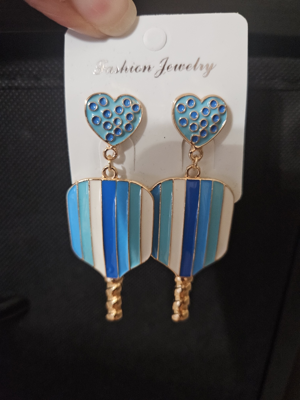 Pickleball Paddle Enamel Dangle Earrings Blue Striped Heart Studs NEW
